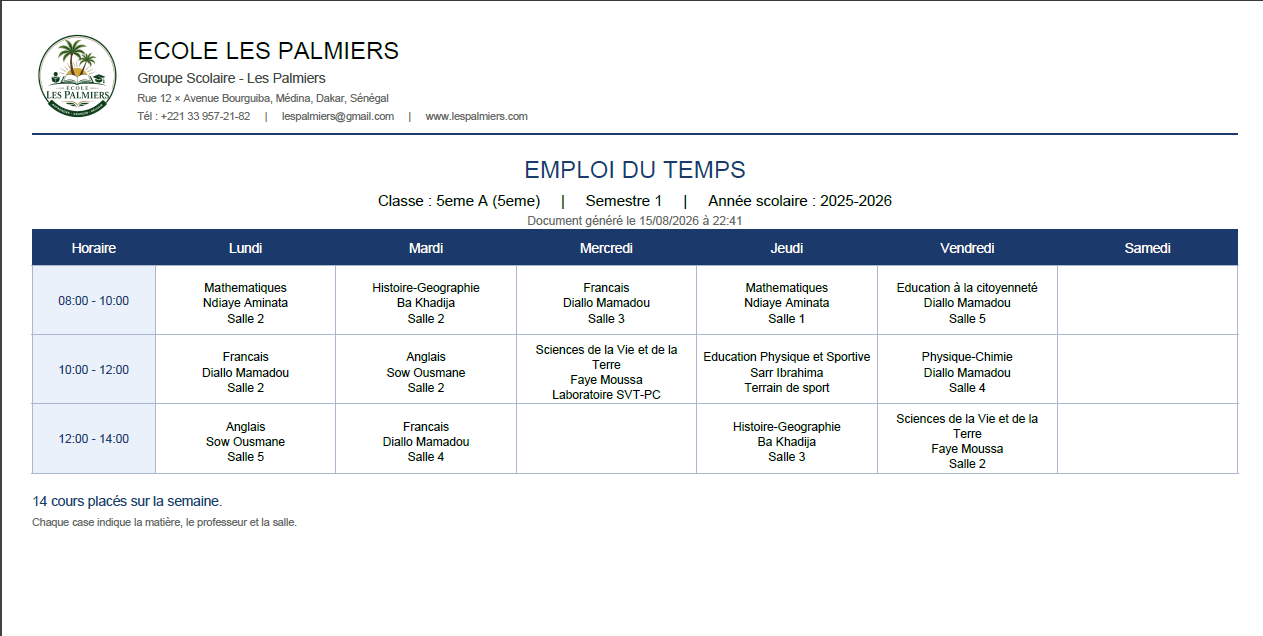 Emploi du temps de la classe de 5e A exporté en PDF : quatorze cours répartis du lundi au vendredi sur trois plages horaires, chacun avec sa matière, son professeur et sa salle.